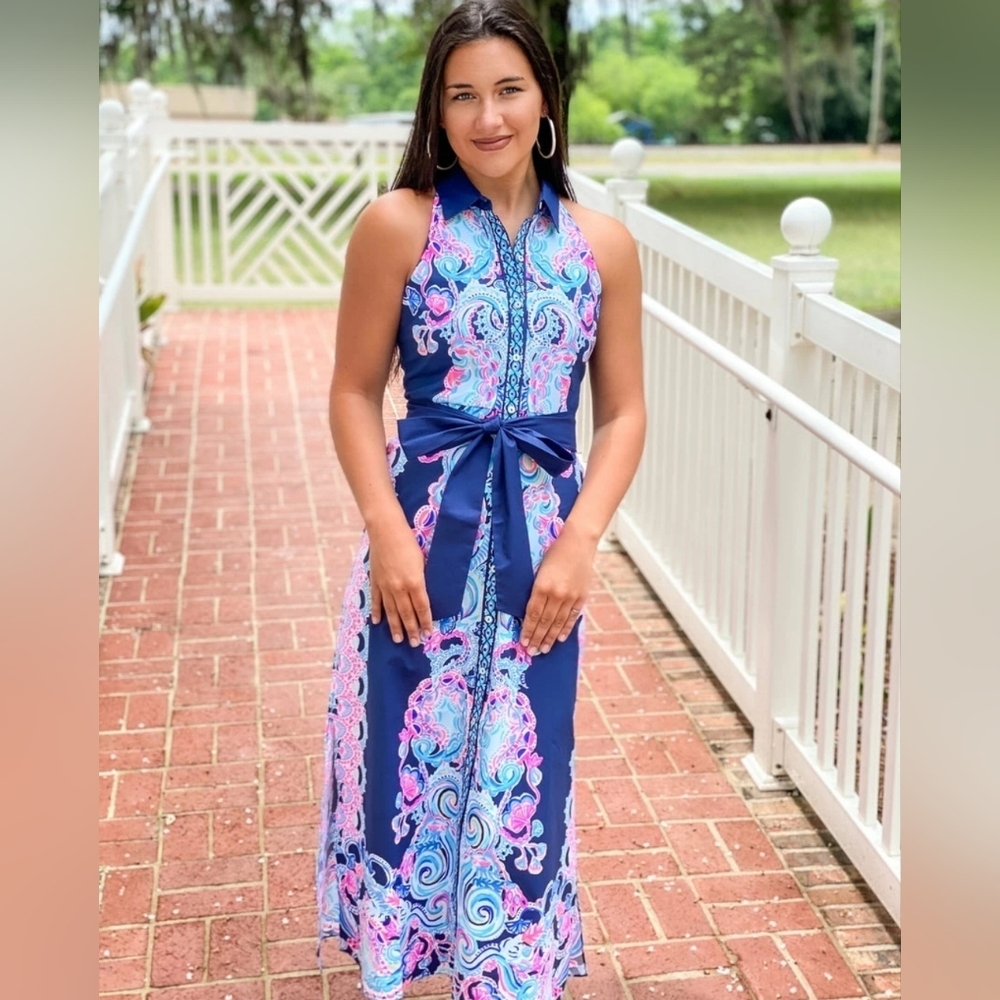 NWT Lilly Pulitzer Novah Stretch Midi Dress High Tide Navy Size 6 - Picture 2 of 7